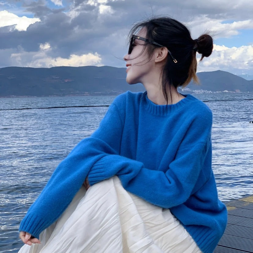 Klein Blue Round Neck Sweater Long Sleeve Loose Bottoming Shirt