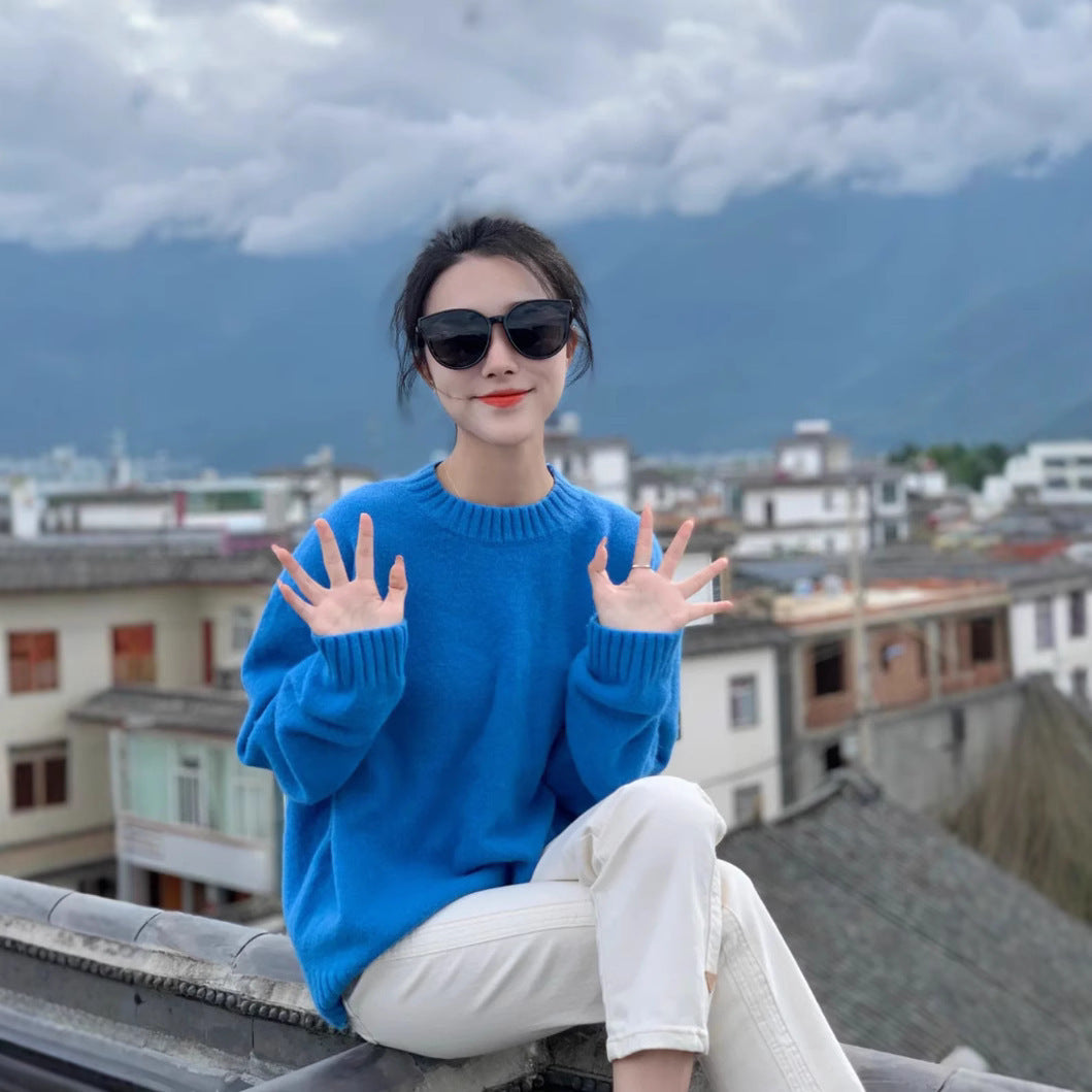 Klein Blue Round Neck Sweater Long Sleeve Loose Bottoming Shirt